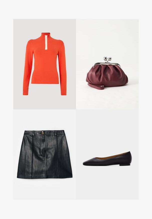Oranje top met lange mouwen, een hoge kraag en een witte ritssluiting. De stof is glad en aansluitend, wat zorgt voor een strak, minimalistisch ontwerp.; AERON RUDENS SKIRT - A-lijn rok - black; Zwarte leren puntschoen met lage hak en gladde afwerking, zijaanzicht op een lichtgrijze achtergrond.; Kleine bordeauxrode leren clutch-portemonnee met zilverkleurige metalen sluiting en polsbandje op een witte achtergrond.