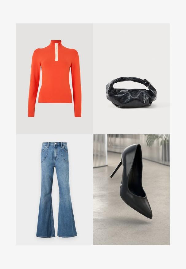 Top naranja de manga larga con cuello alto y detalle de cremallera blanca. La tela es suave y ajustada, ofreciendo un diseño elegante y minimalista.; Jeans de mezclilla azul claro de cintura alta con piernas anchas y acampanadas y bolsillos delanteros curvos, exhibidos sobre un fondo blanco.; Zapato de tacón alto de cuero negro con punta afilada, diseño elegante y sin herrajes visibles. Textura suave y estilo minimalista.; Bolso negro hecho de un material brillante y texturizado con un asa circular retorcida y un cierre de cremallera. Presenta un diseño suave y arrugado.