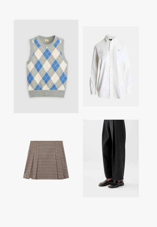 Pull gris sans manches avec un motif argyle bleu, blanc et jaune. Il présente un col rond et un ourlet côtelé. Fabriqué en tissu doux.; Chemise blanche à manches longues avec boutons, col boutonné et petit logo brodé de joueur de polo sur la poitrine gauche.; Jupe mini plissée à carreaux marron avec des fentes latérales et une taille haute, présentant un motif à carreaux subtil.; Mocassins noirs en cuir brillant, avec une lanière décorative sur le dessus, assortis à un pantalon noir ample.