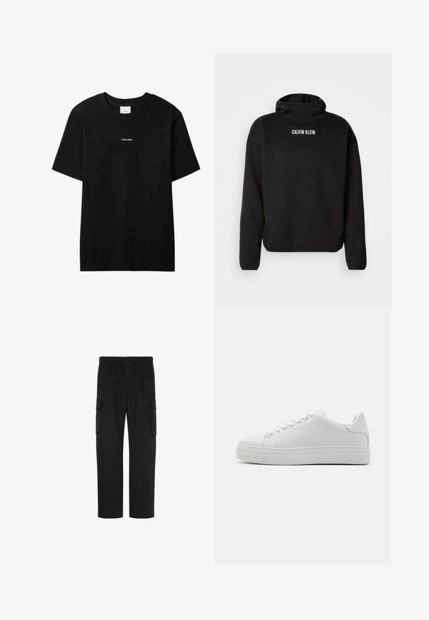 Must mustriga, kõrgema kaelusega, pika varrukaga ja soonikuga mansettidega must sviiter. Ülaseljal on valge "CALVIN KLEIN" logo. Pehme kangastekstuuri.; Must puuvillane t-särk ümarselguse ja lühikeste varrukatega. Esiküljel väike valge "Calvin Klein" logo. Sile, klassikalise lõikega.; Mustad sirged cargo-püksid elastse vöökohaga, nööpidega kinnitatavad ja kahe klapitava taskuga külgedel.; Valge nahast spordijalats, millel on paks platsol, ümar varvas ja kuus auku paelte jaoks. Sujuv tekstuur koos peente õmblusdetailidega.