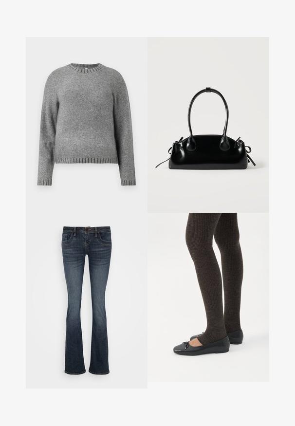 Grijze gebreide trui met een ronde hals, lange mouwen en geribde accenten bij de manchetten en de zoom. Zachte textuur met een iets losser pasvorm.; Donkerblauwe uitlopende jeans met een middelhoge taille, vijf zakken en subtiele stiksels. Gemaakt van denim met een gladde textuur.; Benen met donkere geribbelde leggings gecombineerd met zwarte ballerina's met kleine strikdetails op een witte achtergrond.; Kleine zwarte glanzende handtas met twee lange hengsels en zijkant trekkoord details op een effen lichte achtergrond.