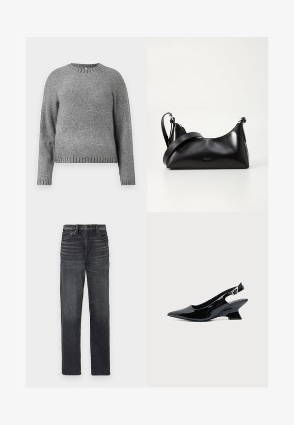 Grauer Strickpullover mit Rundhalsausschnitt, langen Ärmeln und gerippten Akzenten an den Bündchen und dem Saum. Weiche Textur mit einem leicht lockeren Schnitt.; Schwarze Jeans aus Denim mit geradem Bein, featuring Fronttaschen, einem Knopfverschluss und subtilen Verwaschungen.; Schwarzer Slingback-Schuh aus Lackleder mit spitzer Spitze und niedrigem, schrägem Blockabsatz auf einfachem hellem Hintergrund.; Schwarze lederne Handtasche mit glatter Textur. Verfügt über einen verstellbaren Riemen und ein elegantes, minimalistisches Design mit einem Reißverschluss.