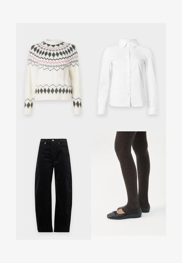 Pull en tricot blanc avec des motifs géométriques noirs et roses sur la poitrine, les manches et l'ourlet, présentant un col rond et des poignets côtelés.; Chemise blanche à manches longues avec boutons, col pointu, ourlet droit et silhouette ajustée, présentée sur un fond clair uni.; Pantalon droit en velours côtelé noir avec fermeture à bouton et zip à l'avant, poches avant et arrière, présenté sur un fond uni.; Jambes portant des leggings côtelés foncés associés à des ballerines noires avec de petits détails en nœud sur fond blanc.