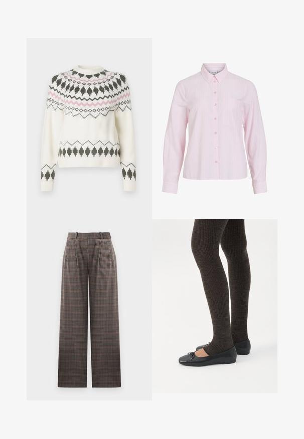 Hvid strikket sweater med sorte og pink geometriske mønstre over brystet, ærmerne og kanten, med rund halsudskæring og ribbede manchetter.; Lyserød langærmet skjorte med lodrette hvide striber, knaplukning foran, krave og en venstre brystlomme. Glat bomuldsstof.; Rude bukser med bred benform, der har læg, høj talje og en blanding af brune, sorte og lyseblå farver.; Ben iført mørke ribbede leggings kombineret med sorte balletsko med små sløjfedetaljer på hvid baggrund.