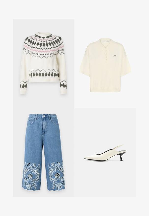 Pull en tricot blanc avec des motifs géométriques noirs et roses sur la poitrine, les manches et l'ourlet, présentant un col rond et des poignets côtelés.; Polo en maille crème à manches courtes avec cinq boutons et petit logo noir brodé sur le côté gauche de la poitrine.; Shorts en denim bleu clair avec broderie florale ajourée et ourlets festonnés, dotés de poches avant et d'une fermeture à bouton.; Chaussure slingback pointue couleur crème avec petit talon noir style escarpin bas et finition en cuir lisse sur fond blanc.