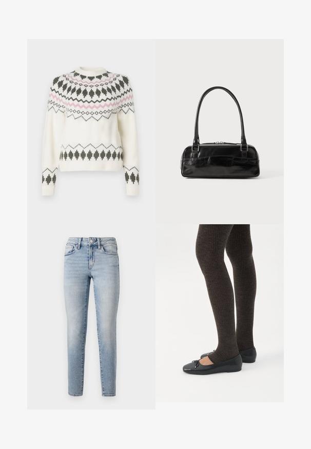 Hvid strikket sweater med sorte og pink geometriske mønstre over brystet, ærmerne og kanten, med rund halsudskæring og ribbede manchetter.; Lysblå denim jeans med slim fit, der har et fem-lomme design, frontknaplukning og subtilt slid langs benene.; Ben iført mørke ribbede leggings kombineret med sorte balletsko med små sløjfedetaljer på hvid baggrund.; Sort læderhåndtaske med rektangulær form, der har et enkelt struktureret håndtag, sølvhardware og lynlås-lukning. Glat tekstur.