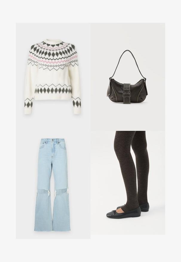 Hvid strikket sweater med sorte og pink geometriske mønstre over brystet, ærmerne og kanten, med rund halsudskæring og ribbede manchetter.; Lyseblå denim bukser med brede ben, knæudskæringer, frynsede kanter og høj talje. Med frontlukning med knap og lynlås samt klassisk fem-lomme design.; Ben iført mørke ribbede leggings kombineret med sorte balletsko med små sløjfedetaljer på hvid baggrund.; Sort læder skuldertaske med spænde på remmen, afrundede kanter og kontrasterende hvide syninger på en ensfarvet baggrund.