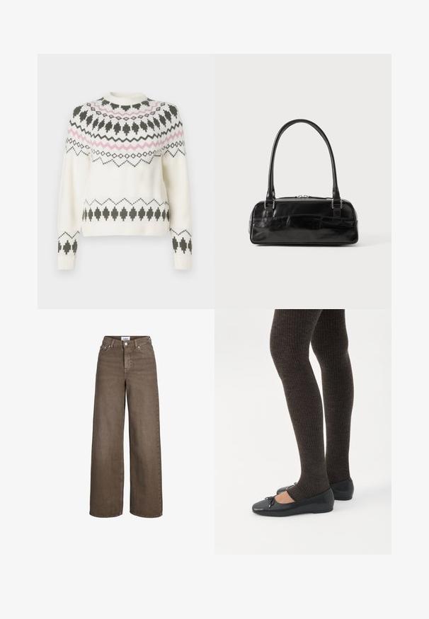 Hvid strikket sweater med sorte og pink geometriske mønstre over brystet, ærmerne og kanten, med rund halsudskæring og ribbede manchetter.; Brune højttaljede viddebenjeans med frontknap og lynlås, for- og baglommer samt bæltestropper.; Ben iført mørke ribbede leggings kombineret med sorte balletsko med små sløjfedetaljer på hvid baggrund.; Sort læderhåndtaske med rektangulær form, der har et enkelt struktureret håndtag, sølvhardware og lynlås-lukning. Glat tekstur.