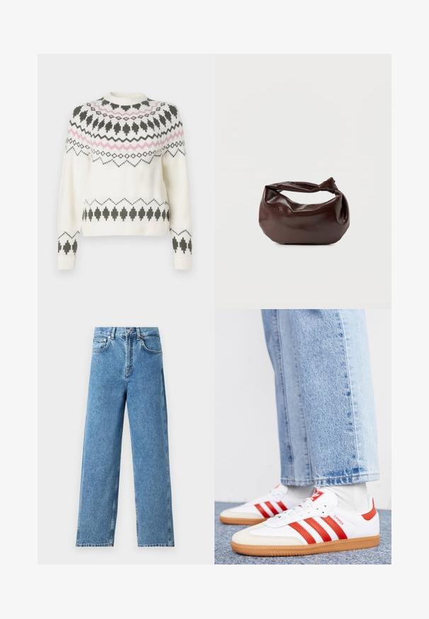 Witte gebreide trui met zwarte en roze geometrische patronen over de borst, mouwen en zoom, met een ronde halslijn en geribbelde manchetten.; Lichtblauwe rechte jeans van denim, met een hoge taille, sluiting met een knop aan de voorkant en een vijf-pocket ontwerp met zichtbare stiksels.; Witte leren sneakers met rode strepen en accenten. Voorzien van een getextureerde gumrubberen outsole en een gevoerde kraag. Draag ze met lichtblauwe denim.; Donkerbruine leren schoudertas met een zachte, slungelige vorm en een gedraaide knoopvormige handgreep op een effen witte achtergrond.