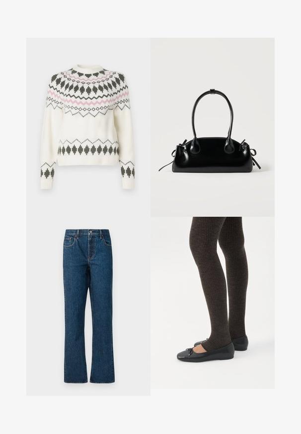 Pull en tricot blanc avec des motifs géométriques noirs et roses sur la poitrine, les manches et l'ourlet, présentant un col rond et des poignets côtelés.; Jean en denim bleu foncé avec une coupe droite, comportant cinq poches, une taille mi-haute et des détails de couture contrastants.; Jambes portant des leggings côtelés foncés associés à des ballerines noires avec de petits détails en nœud sur fond blanc.; Petit sac à main noir brillant avec deux longues anses et des détails à cordon sur les côtés sur un fond clair uni.