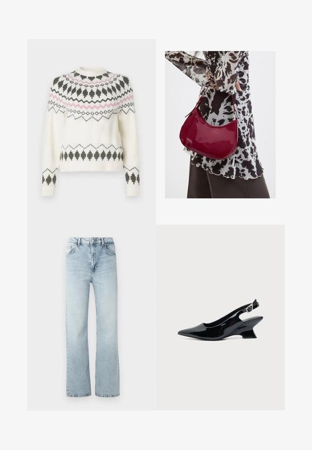 Pull en tricot blanc avec des motifs géométriques noirs et roses sur la poitrine, les manches et l'ourlet, présentant un col rond et des poignets côtelés.; Jean en denim bleu clair avec une taille haute, coupe large et décoloration subtile. Présente un design classique à cinq poches et une fermeture à bouton en métal.; Chaussure slingback en cuir verni noir avec bout pointu et petit talon bloc incliné sur fond clair uni.; Femme portant un chemisier à motif noir et blanc tenant un sac à main rouge brillant sur un fond uni.