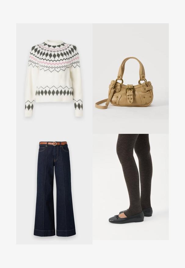Witte gebreide trui met zwarte en roze geometrische patronen over de borst, mouwen en zoom, met een ronde halslijn en geribbelde manchetten.; Donkerblauwe denim wijde pijpen jeans met een hoge taille, een brown riem en zichtbare stikseldetails. Bevat voorzakken en heeft een relaxed fit.; Benen met donkere geribbelde leggings gecombineerd met zwarte ballerina's met kleine strikdetails op een witte achtergrond.; Beige leren handtas met dubbele handvatten, messing gesps en klinknagel details, en een verstelbare schouderriem tegen een witte achtergrond.