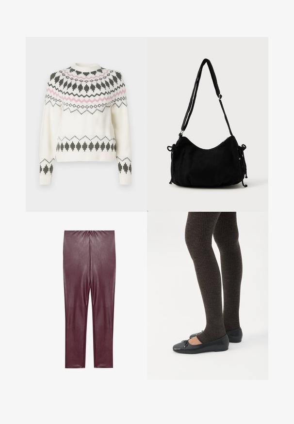 Hvid strikket sweater med sorte og pink geometriske mønstre over brystet, ærmerne og kanten, med rund halsudskæring og ribbede manchetter.; Bordeaux faux læder leggings med en glat tekstur, høj talje og tætsiddende design, der strækker sig til anklerne uden yderligere detaljer.; Ben iført mørke ribbede leggings kombineret med sorte balletsko med små sløjfedetaljer på hvid baggrund.; Sort kordfløjls skuldertaske med en buet form, justerbar strop og snorelukninger på begge sider til størrelsejustering.