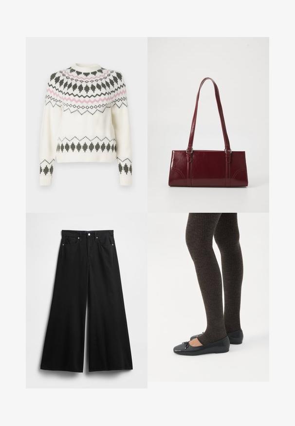 Hvid strikket sweater med sorte og pink geometriske mønstre over brystet, ærmerne og kanten, med rund halsudskæring og ribbede manchetter.; Sorte denimbukser med vide ben, højtaljede, fem lommer, forreste knaplukning og en blød, glat tekstur.; Ben iført mørke ribbede leggings kombineret med sorte balletsko med små sløjfedetaljer på hvid baggrund.; Bordeaux håndtaske lavet af glansfuldt materiale, rektangulær form, med to skulderremme og subtile buede detaljer på forsiden.