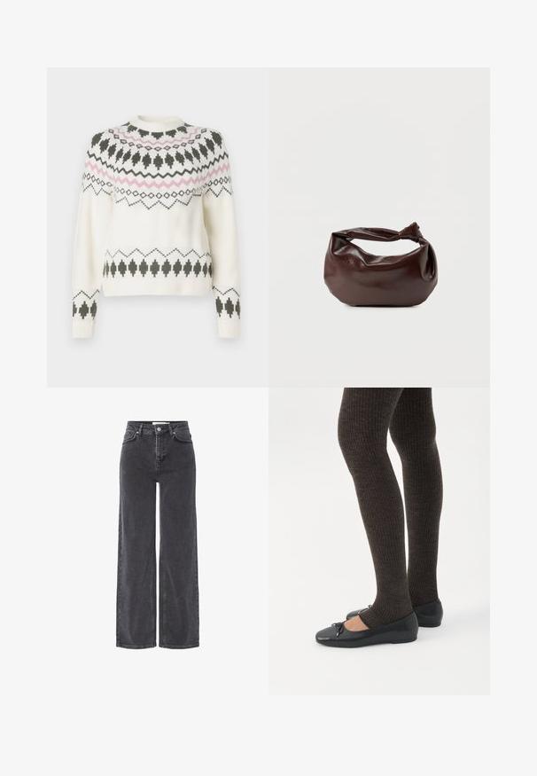 Witte gebreide trui met zwarte en roze geometrische patronen over de borst, mouwen en zoom, met een ronde halslijn en geribbelde manchetten.; Hoge taille zwarte denim jeans met brede pijpen, met een knoopsluiting, riemlussen en subtiele vervaging langs de stof.; Benen met donkere geribbelde leggings gecombineerd met zwarte ballerina's met kleine strikdetails op een witte achtergrond.; Donkerbruine leren schoudertas met een zachte, slungelige vorm en een gedraaide knoopvormige handgreep op een effen witte achtergrond.