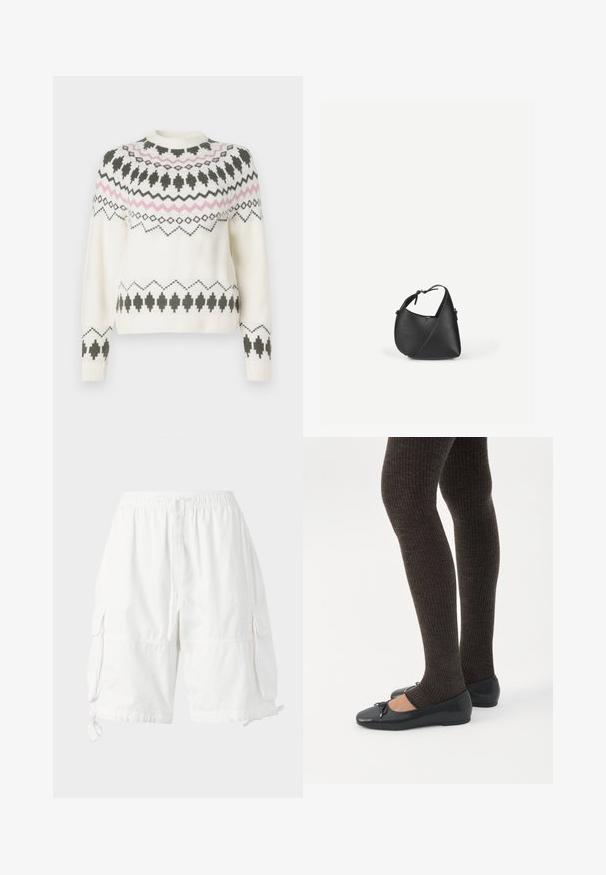 Weißer Strickpullover mit schwarzen und pinken geometrischen Mustern über der Brust, an den Ärmeln und am Saum, mit einem runden Ausschnitt und gerippten Bündchen.; Weiße Cargo-Shorts mit elastischem Bund und Kordelzug, ausgestattet mit zwei Seitentaschen und verstellbaren Saumkordeln. Hergestellt aus leichtem Stoff.; Beine in dunklen, gerippten Leggings kombiniert mit schwarzen Ballerinas mit kleinen Schleifendetails auf weißem Hintergrund.; Schwarze Leder-Umhängetasche mit abgerundeter dreieckiger Form und verstellbarem Riemen vor einem schlichten hellen Hintergrund.