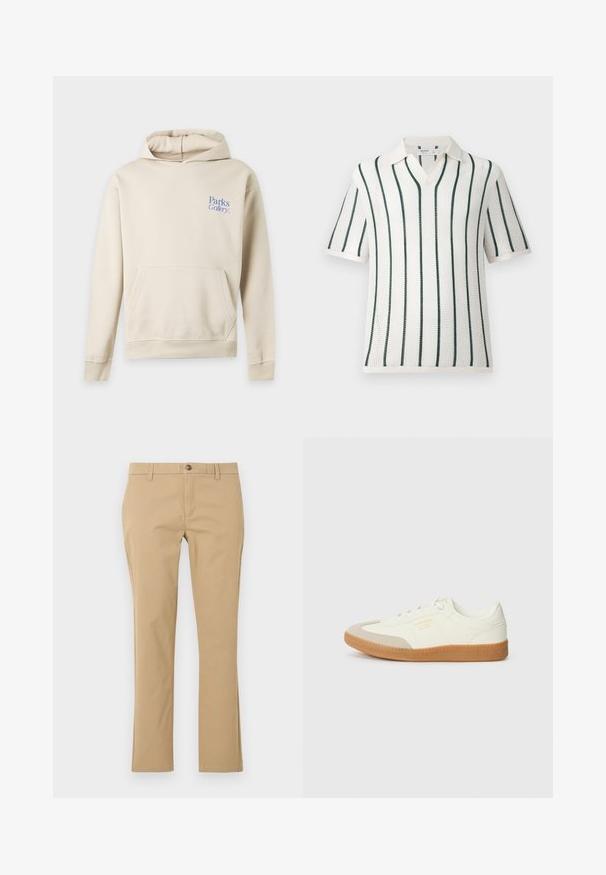 Sweat à capuche beige avec poche à l'avant et texte bleu ""Parks Gallery"" sur la partie supérieure gauche de la poitrine, affiché sur un fond gris clair uni.; Polo en maille blanche à manches courtes avec des rayures verticales vert foncé et un col doux, présenté sur un fond uni clair.; Pantalon beige à jambes droites avec passants de ceinture, bouton frontal et fermeture éclair, présenté sur un fond clair uni.; Baskets en cuir blanc avec une coque beige et une semelle en caoutchouc marron clair. Dotées de lacets blancs plats et d'un logo embossé sur le côté.