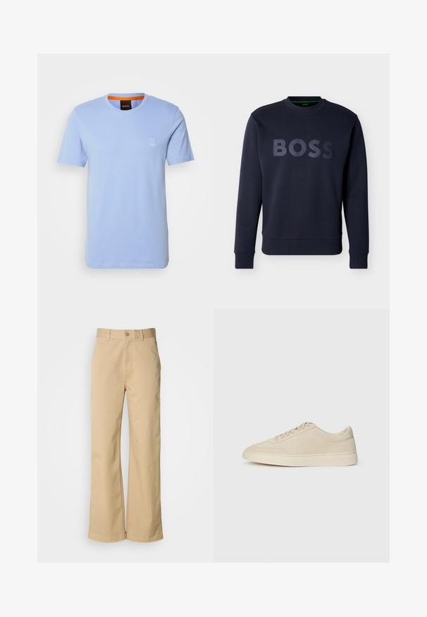 Sweat-shirt bleu marine à manches longues avec poignets et ourlet côtelés, arborant un lettrage "BOSS" en relief sur la poitrine.; T-shirt en coton bleu clair à manches courtes, à col rond, avec un petit patch logo en relief sur la poitrine. Col intérieur orange contrastant.; Pantalon large beige en mélange coton. Fermeture par bouton et passants de ceinture. Texture lisse, avec des détails de couture minimaux.; Baskets basses en suède beige avec lacets, bout rond et semelle épaisse en caoutchouc, présentées en profil droit sur un fond blanc.