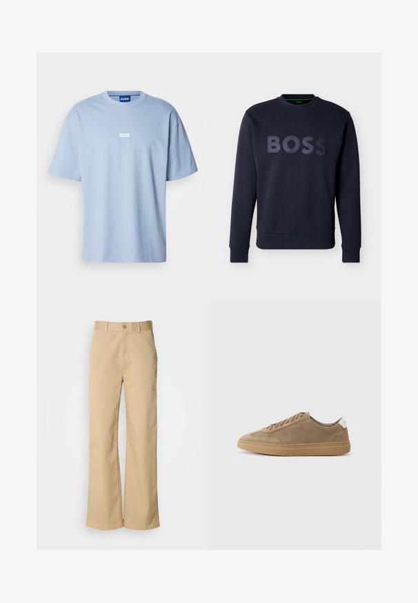 Donkerblauwe sweatshirt met lange mouwen, geribbelde manchetten en zoom, met verhoogde "BOSS"-letters over de borst.; Lichtblauw T-shirt met korte mouwen van katoen, met een ronde hals en een wit rechthoekig logo op het midden van de voorkant.; Beige, wijde broek gemaakt van een katoenmix. Voorzien van een knoopsluiting en riemlussen. Soepele textuur, met minimale stikseldetails.; Suède sneakers in lichtbruin met een rubberen zool. Voorzien van een vetersluiting en een minimalistische stijl, geaccentueerd door een witte hieltab.