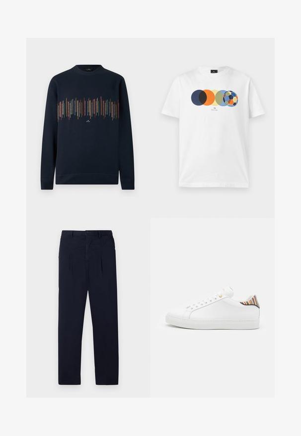 Sudadera azul marino de manga larga con líneas verticales multicolores cosidas en el pecho y puños y dobladillo acanalados.; Camiseta blanca de manga corta con gráfico de cinco círculos de colores superpuestos, el último semejando un balón de fútbol multicolor, y texto pequeño debajo.; Pantalones azul marino hechos de una tela ligera que cuentan con un frente plano, dos pliegues y un cierre de botón estándar en la cintura.; Zapatilla de cuero blanca con un acabado suave, que presenta un acento de rayas coloridas en el talón, ojal dorado y suela plana blanca.
