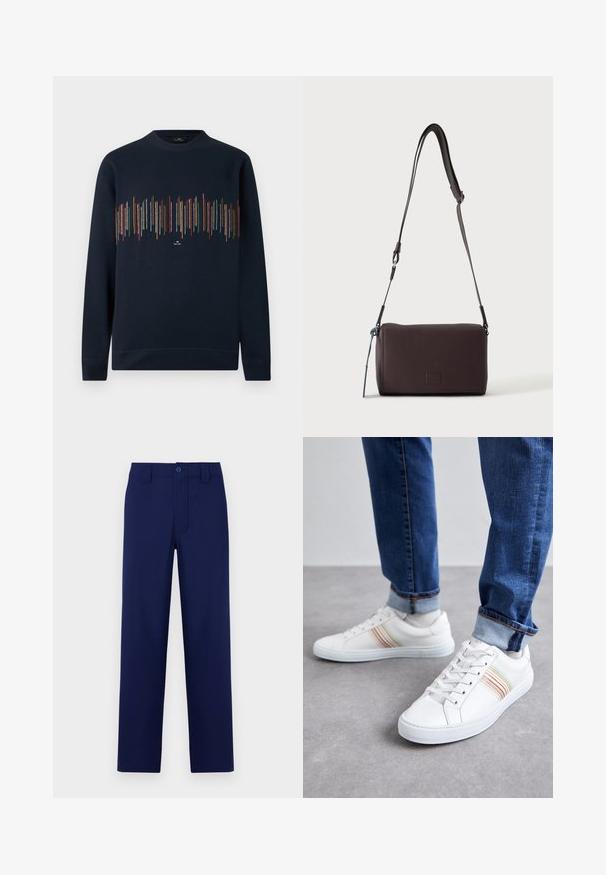 Marineblauer Langarm-Sweatshirt mit mehrfarbigen, vertikal gesteppten Linien über der Brust sowie gerippten Bündchen und Saum.; Marineblaue Hose mit Knopf und Reißverschluss, geradem Schnitt, flachem Bund und seitlichen Taschen; aus glattem, leichtem Material gefertigt.; Weiße Leder-Sneaker mit mehrfarbigen Streifen, Schnürdesign, Gummisohle und gepolstertem Kragen, kombiniert mit blauen Jeans.; Dunkelbraune, strukturierte Leder-Crossbody-Tasche mit verstellbarem Riemen und kleinem dekorativen blauen Akzent an der Seite.
