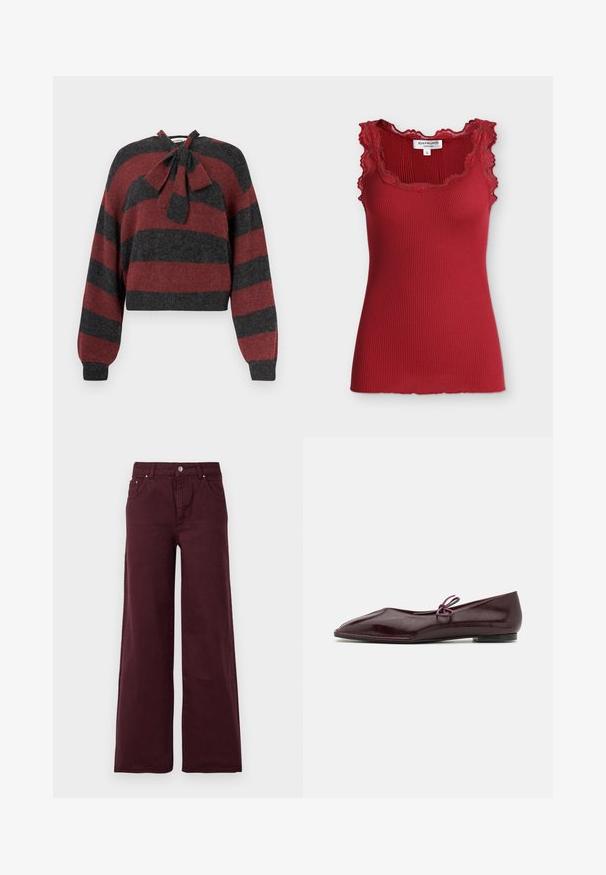 Pull court avec des rayures horizontales rouges et gris foncé, en matériau doux, avec un détail de nœud à l'encolure et des poignets côtelés.; Top rouge côtelé sans manches avec bordure en dentelle autour de l'encolure et des emmanchures, taille petite, étiquette indiquant la marque Rosemunde Copenhagen.; Jeans larges bordeaux avec taille haute, fermeture à bouton en métal, poches avant et un tissu lisse, légèrement texturé.; Ballerines en cuir verni bordeaux avec un bout pointu et un nœud décoratif violet sur le cou-de-pied ; design à semelle plate.