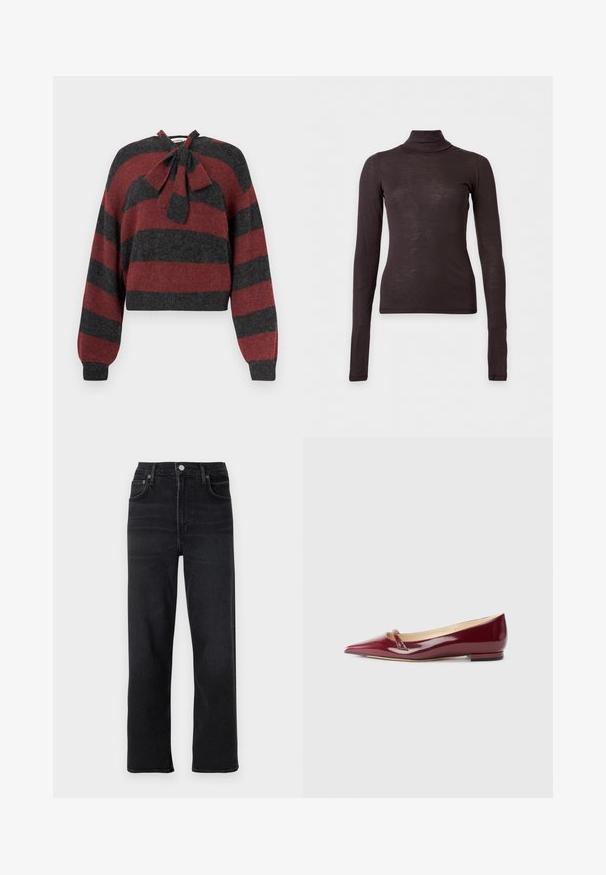 Pull court avec des rayures horizontales rouges et gris foncé, en matériau doux, avec un détail de nœud à l'encolure et des poignets côtelés.; Pull col roulé marron foncé à manches longues, coupe ajustée et tissu léger sur un fond clair uni.; Jeans droits noirs en denim. Comprend cinq poches, une fermeture à bouton et zip, et des détails de couture subtils.; Ballerines en cuir verni bordeaux avec un bout pointu, présentant un petit détail découpé et un petit talon. Texture lisse et design épuré.