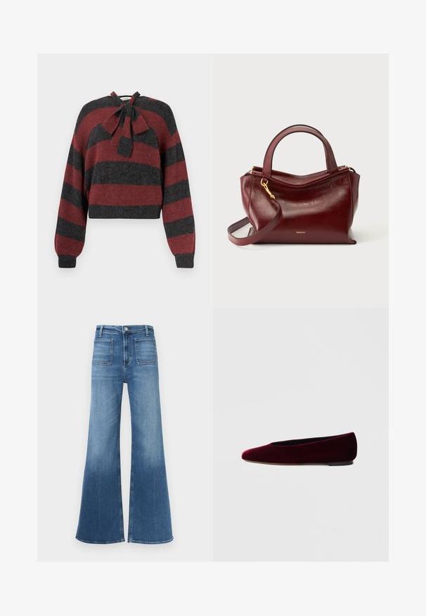 Gekürzter Pullover mit roten und dunkelgrauen horizontalen Streifen, aus weichem Material, mit einer Schleifchen-Applikation am Ausschnitt und gerippten Bündchen.; Flared Jeans aus blauem Denim mit mittelhohem Bund, fünf Taschen und einer verwaschenen Optik. Mit Gürtelschlaufen und einem einzigen Knopfverschluss.; Bordeauxrote Ballettschuhe aus Samt mit abgerundeter Spitze und niedrigem Absatz, mit glatter Textur und elegantem Design.; Dunkelrote Lederhandtasche mit doppelten Griffen und abnehmbarem Schulterriemen, mit goldener Hardware und kleinem Markenlogo vorne.