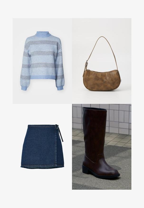 Lyseblå sweater med høj hals, prydet med et diamantmønster i mørkere nuancer af blå og brun, samt elastiske manchetter og kant.; Denim nederdel med wrap-design, mørkeblå farve og en knyttet talje. Har syning detaljer langs kanten og sidesømmen.; Mørkebrun læderstøvle til midt på læggen med rund tå og lav blokhæl, der står på fortov nær flisebelagt væg.; Brun faux læder skuldertaske med en buet form, en enkelt strop, kontrasterende syninger og en lynlåslukning langs den øverste kant.