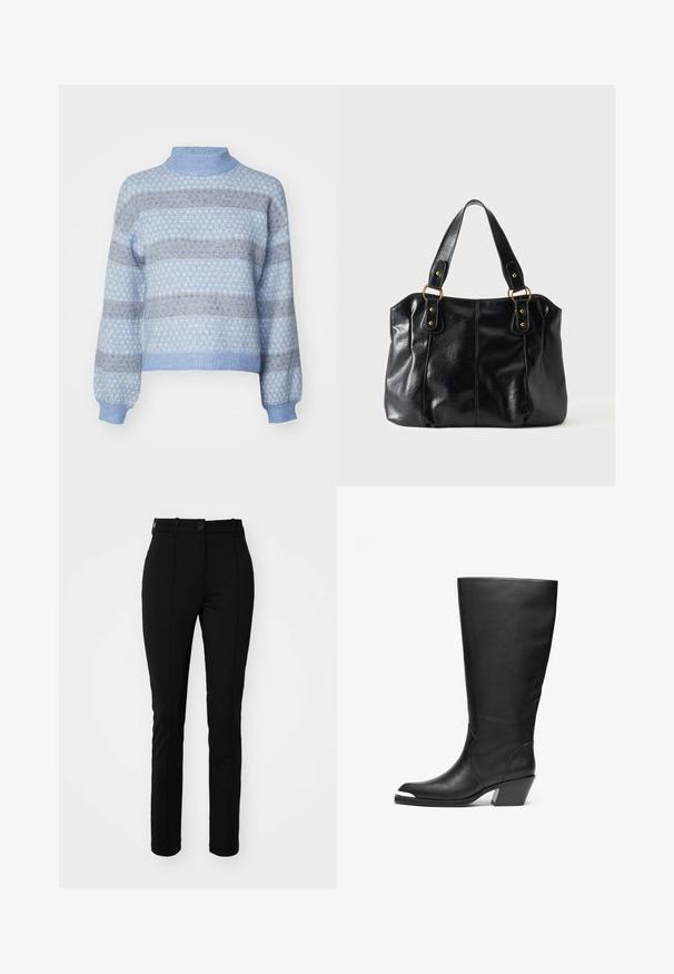 Pull bleu clair avec un col montant, présentant un motif en losanges dans des teintes plus foncées de bleu et de marron, et des poignets et un ourlet élastiques.; Pantalons en polyester noir avec une coupe slim, devant plat et fermeture à un bouton, dotés de plis avant et sans poches visibles.; Bottes noires en cuir hautes avec une pointe fermée et un design découpé. Elles présentent un talon épais et une texture lisse. Les détails sur les panneaux latéraux sont remarquables.; Sac à épaule en cuir noir avec double anses attachées par des anneaux et rivets dorés, surface lisse et légèrement brillante, design simple.