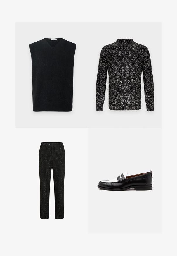 Pull noir sans manches en V en matière douce, avec une coupe épurée et simple, sans accents ni motifs supplémentaires.; Chemise noire à manches longues avec un col montant, une fermeture à boutons sur le devant et un motif à pois blancs répartis sur toute la surface. Tissu lisse avec une coupe décontractée.; Pantalons noirs ajustés avec un motif texturé de fines lignes verticales blanches, une coupe droite et une fermeture à bouton à la taille.; Mocassin en cuir noir et blanc avec des détails cousus, un petit talon et un design slip-on, présenté de profil sur un fond uni.