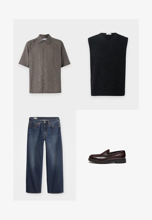 Pull noir sans manches en V en matière douce, avec une coupe épurée et simple, sans accents ni motifs supplémentaires.; Chemise à manches courtes, couleur olive, en tissu texturé avec un motif de feuilles en relief, munie d'un col classique et d'une fermeture par boutons sur le devant.; Jean en denim bleu foncé avec une coupe droite, design à cinq poches, bouton en métal et fermeture éclair, et motifs de décoloration légère.; Mocassins en cuir marron avec un accent en daim, bout rond et semelle en caoutchouc texturé. Dotés de détails cousus et d'un léger talon.