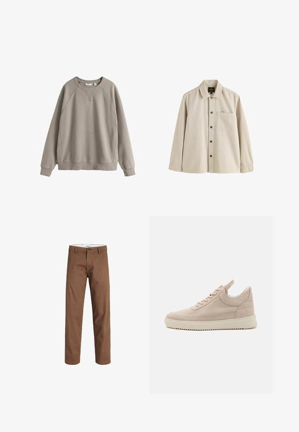 Lysebrun crewneck sweatshirt med lange raglanærmer, ribstrikkede manchetter og kant, vist mod en hvid baggrund.; Beige langærmet skjorte med knapper, krave og en brystlomme, lavet af et robust stof.; Brune straight-leg bukser med knap- og lynlåslukning, bæltestropper og forlommer, vist mod en hvid baggrund.; Beige ruskinds sneakers med afrundet tå, hvid sål og flade snørebånd. Har en træktab ved hælen og teksturerede sidelapper.