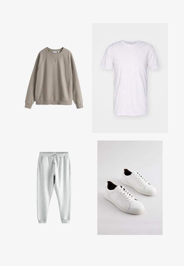 Helepruun ümar kaelusega dressipluus pikkade raglaanmiste varrukatega, soonikutega mansettide ja äärega, esitletud valgel taustal.; Selected SLHASPEN SLUB TEE - Lihtne T-särk - bright white; Hallid hallid dressipüksid paelaga vöökoha, kahe küljetasku ja vormitud pahkluudega, valmistatud pehmest, tekstureeritud kangast.; Valged nahast tossud madala profiiliga, külgedel perforatsioonid, lamedad paelad ja kontrastne pruun sisemine vooder. Kummist tallal tekstuuriga muster.