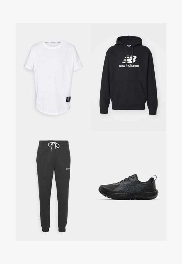 Čierna mikina s predným klokankovým vreckom, kapucňou na sťahovanie a bielym logom New Balance umiestneným na strede hrude. Materiál z bavlneného zloženia.; Biela bavlnená tričko s rolovanými krátkymi rukávmi, zaobleným lemom a čiernou štítkou s logom "CK" na dolnom ľavom rohu.; Šedé tepláky vyrobené z bavlneného zmesi, s elastickým pásom na šnúrku a rebrovanými manžetami. Obsahujú vyšívané logo "DC Shoes".; Čierna športová obuv s textúrovaným zvrškom a reflexnými akcentmi, vybavená polstrovanou podrážkou a výrazným dezénom pre trakciu.