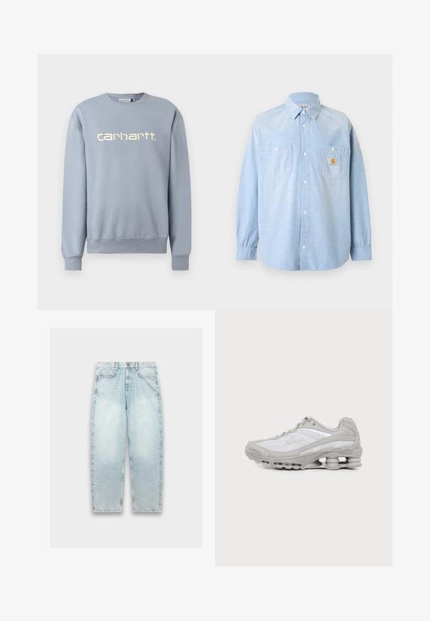 Lyseblå Carhartt crewneck-sweatshirt med lange ærmer og ribkant ved manchetter og kant, med hvidt broderet mærkenavn på brystet.; Lyseblå skjorte med lange ærmer og knapper, med to forlommer, hvoraf den ene har et Carhartt-logo og subtile hvide malersprøjt.; Lyseblå denimjeans med løs pasform, lige ben, falmet tekstur, fem-lomme design og metalknaplukning i taljen.; Grå og hvid atletiksko med synlig luftpolstret sål og mesh-paneler, vist i profil på en ensartet lys baggrund.