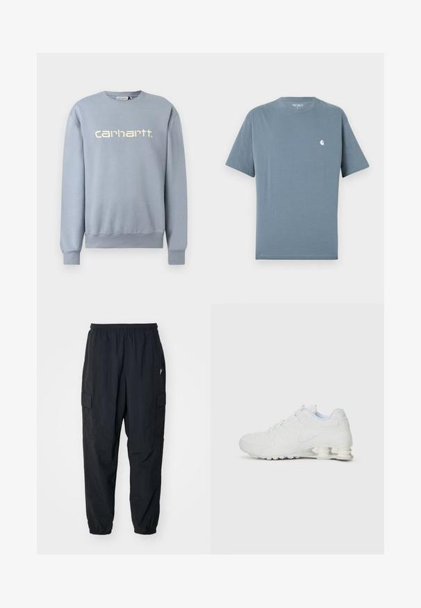 Hellblaues Carhartt Rundhalsshirt mit langen Ärmeln und gerippten Bündchen und Saum, mit weiß gesticktem Markennamen auf der Brust.; Blaues Carhartt T-Shirt mit kurzen Ärmeln, Rundhalsausschnitt und kleinem weißem Logo auf der linken Brust, Größe L.; Schwarze Cargo-Hosen aus leichtem Material mit einem elastischen Bund, Seitentaschen und einer lockeren Passform mit elastischen Bündchen.; Weißer Sportschuh mit einem glatten synthetischen Obermaterial, strukturierten Akzenten und einer charakteristischen segmentierten Ferse zur Stoßdämpfung. Schnürdesign.