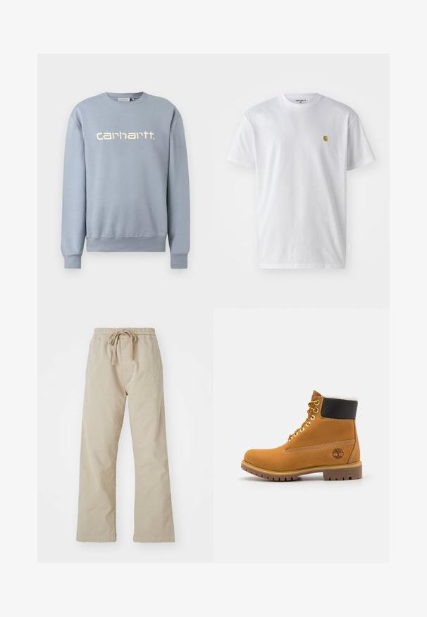 Sudadera Carhartt azul claro con cuello redondo, mangas largas y puños y bajo acanalados, con el nombre de la marca bordado en blanco en el pecho.; Camiseta de algodón blanca con mangas cortas, cuello redondo, que presenta un pequeño logo dorado en la parte izquierda del pecho. Textura suave y corte regular.; Pantalones de algodón beige con cintura elástica y cordón ajustable. Diseño de pierna recta, textura suave y sin patrones o acentos visibles.; Botín de cuero marrón con ojales de metal, forro de piel sintética blanca, cuello acolchado negro, suela resistente y logotipo en relieve en el costado.