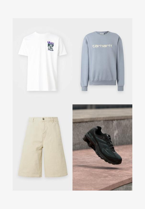 Hellblaues Carhartt Rundhalsshirt mit langen Ärmeln und gerippten Bündchen und Saum, mit weiß gesticktem Markennamen auf der Brust.; Weißes Baumwoll-T-Shirt mit einem grafischen Druck in Lila, der eine sitzende Figur zeigt, mit dem Text "Obey" und "Stop Worry Now!" in Schwarz.; Beige kniehohe, weit geschnittene Shorts mit Gürtelschlaufen, vorderer Knopfleiste, Reißverschluss und Seitentaschen.; Schwarzer athletischer Sneaker mit sichtbarer Air-Cushioning-Zwischensohle, der über einer rosa Steinoberfläche mit grauer Steinmauer im Hintergrund schwebt.