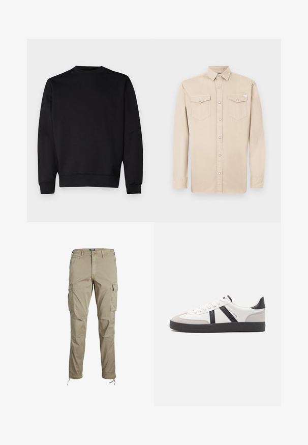 Zwarte sweatshirt gemaakt van zachte stof, met een ronde halslijn, lange mouwen en ribgebreide manchetten en onderzoom voor een aansluitende look.; Beige katoenen shirt met lange mouwen en een button-down kraag, voorzien van twee borstzakken en een knoopsluiting aan de voorkant. Zachte textuur.; Jack & Jones Cargo Tapered Fit - Cargobroek - dune; Witte sneaker met zwarte en grijze accenten, voorzien van een grijze neus met textuur, zwarte rubberen zool en platte witte veters. Schoon ontwerp, minimalistische stijl.