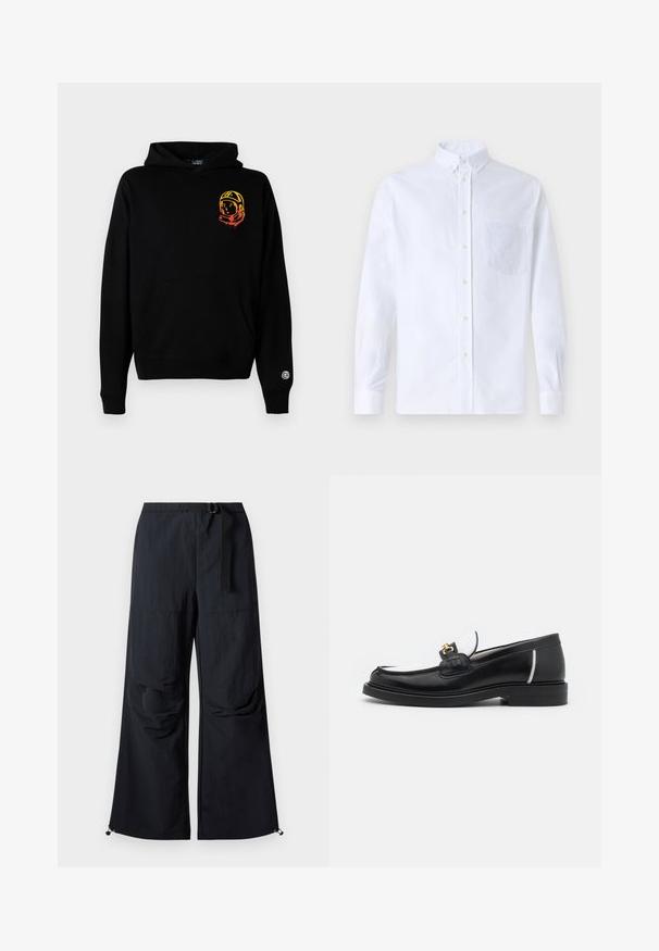Schwarze Kapuzenjacke aus weichem Stoff, mit einer Vorderseite-Tasche, gerippten Bündchen und einem Astronauten-Graphic in Orange und Gelb auf der linken Brust.; Weißes Langarm-Hemd mit Knöpfen aus Baumwolle, ausgestattet mit einer Brusttasche mit tonalem Stickerei, einem Kragen und Knopfmanschetten.; Schwarze, weit geschnittene Hose aus leichtem Stoff. Verfügt über einen Gürtel, zwei große Seitentaschen und verstellbare Säume mit Kordelzug.; Schwarze Lederloafers mit runder Zehenpartie, weißen Akzenten und goldenen Beschlägen auf dem Vorderblatt. Verfügt über ein strukturiertes Patch und einen gestapelten Absatz.