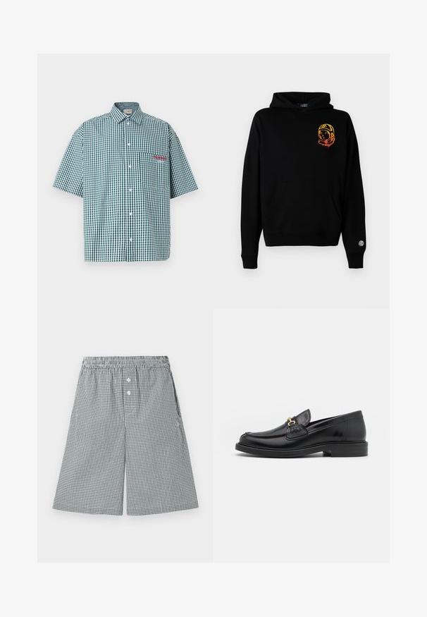 Hoodie noir en tissu doux, avec une poche frontale, des poignets côtelés et un graphisme d'astronaute en orange et jaune sur la poitrine gauche.; Chemise à manches courtes en vichy vert et blanc. Elle possède un devant à boutons, un col et une poche poitrine avec broderie rouge.; Shorts à motif vichy noir et blanc, fabriqués en tissu léger. Présentent une taille élastique et des détails en boutons à l'avant.; Mocassins en cuir noir avec un embout rond, présentant des accents en métal doré et des détails de couture, montés sur une semelle en caoutchouc texturé et basse.