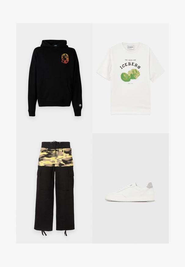 Schwarze Kapuzenjacke aus weichem Stoff, mit einer Vorderseite-Tasche, gerippten Bündchen und einem Astronauten-Graphic in Orange und Gelb auf der linken Brust.; Weißes Baumwoll-T-Shirt mit einer Grafik von Eisbergsalat und schwarzem Text, der "DER GESCHMACK FÜR EISBERG" und "Seit 1974" liest.; Cargo-Hosen aus schwarzem Stoff mit einem Camouflage-Oberteil in verschiedenen Schattierungen von Gelb, Grün und Braun; mit verstellbarem Bund.; Weißer Sneaker mit niedrigem Schaft, grauem Fersenlaschen, weißen Schnürsenkeln und einer strukturierten Sohle, dargestellt vor einem schlichten hellen Hintergrund.