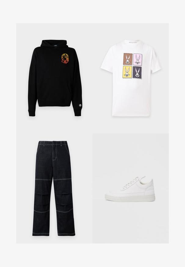 Hoodie noir en tissu doux, avec une poche frontale, des poignets côtelés et un graphisme d'astronaute en orange et jaune sur la poitrine gauche.; T-shirt blanc à manches courtes avec quatre carrés colorés montrant chacun le visage de Bugs Bunny sur un fond marron, rose, jaune et bleu foncé.; Pantalons en denim foncé à jambes larges et taille haute, dotés de coutures contrastantes et de poches superposées sur les cuisses.; Baskets en cuir blanc avec un embout arrondi, une semelle plate et un laçage à l'avant. Présentent des détails de couture et un col rembourré pour plus de confort.