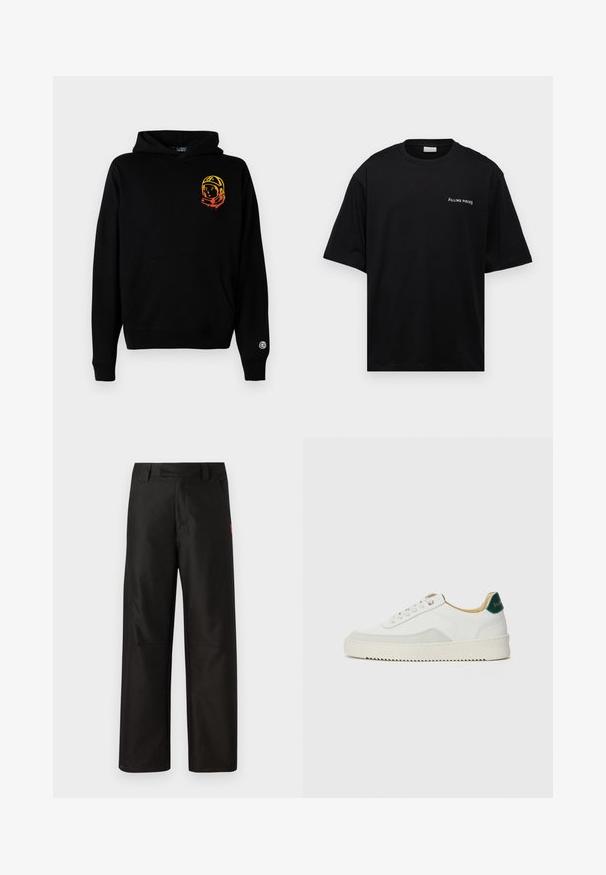 Sudadera negra de tela suave, con un bolsillo frontal, puños acanalados y un gráfico de astronauta en naranja y amarillo en el lado izquierdo del pecho.; Camiseta de algodón negra con un corte relajado, mangas cortas y un logo blanco de "FILLING PIECES" en el lado izquierdo del pecho. Textura suave.; Pantalones anchos negros, confeccionados en una tela suave, con un frente plano, lazos para cinturón y dos bolsillos laterales. Acento del logo de la marca en rojo en un lado.; Zapatilla blanca con acentos de ante, puntera redondeada, cordones planos y suela de goma color crema. Presenta un logo verde en el talón.