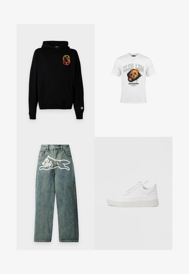 Sort hættetrøje lavet af blødt stof, med en frontlomme, ribbede manchetter og et astronautgrafik i orange og gul på venstre bryst.; Hvid T-shirt med grafik af en bamseansigt med krydsede øjne og tekst med "CLSR LDN" og "worldwide" nedenunder.; Lyseblå denimjeans med en løs pasform, der har et stort hvidt kattegrafik på venstre ben og et traditionelt femlomme-design.; Hvid lædersneaker med rundet tå, flad sål og snørebånd foran. Har syningsdetaljer og polstret krave for komfort.
