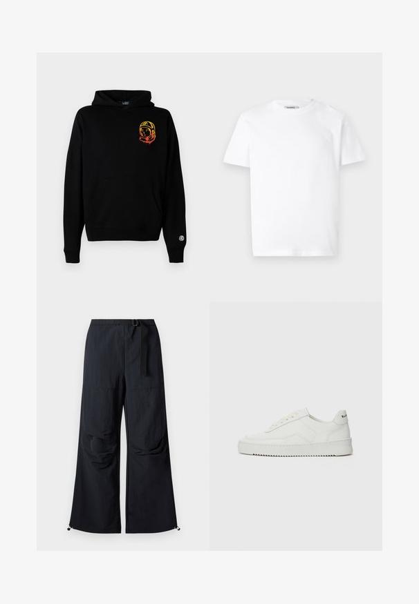 Sudadera negra de tela suave, con un bolsillo frontal, puños acanalados y un gráfico de astronauta en naranja y amarillo en el lado izquierdo del pecho.; Camiseta blanca de algodón con cuello redondo y mangas cortas. Presenta un pequeño logo en relieve en el lado izquierdo del pecho. Textura suave.; Pantalones negros de pierna ancha hechos de tela ligera. Cuentan con un cinturón, dos grandes bolsillos laterales y dobladillos ajustables con cierres de cordón.; Zapatilla de cuero blanca con un acabado suave, puntera redonda, cordones planos y suela texturizada. Cuenta con un sutil logo en el talón.