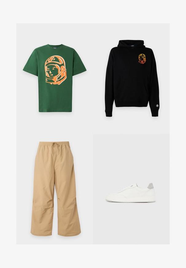 Zwarte hoodie van zacht materiaal, met een frontzak, ribbelmanchetten en een astronautenafbeelding in oranje en geel op de linkerkant van de borst.; Groene katoen T-shirt met een grote oranje astronautafbeelding aan de voorkant, met korte mouwen en een relaxte pasvorm.; Beige wijde broek gemaakt van lichtgewicht stof, met een elastische tailleband en een trekkoord, en gestikte accenten nabij de zoom.; Witte lage sneaker met grijze hielpatch, witte veters en een gestructureerde zool, gepresenteerd op een effen lichte achtergrond.