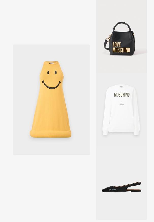 Pull en sweatshirt blanc présentant "MOSCHINO" en lettres olive foncé et "Milano" en texte plus petit en dessous. Encolure ronde classique et poignets côtelés.; Robe en tricot jaune sans manches avec un smiley noir brodé sur le devant et un ourlet roulé, étiquette de la marque Moschino visible à l'intérieur du col.; Chaussure plate slingback noire pointue avec un petit talon et logo "LOVE MOSCHINO" sur le côté, sur un fond clair uni.; Sac à main noir Moschino avec lettrage doré, poignées courtes et bandoulière détachable sur un fond clair uni.