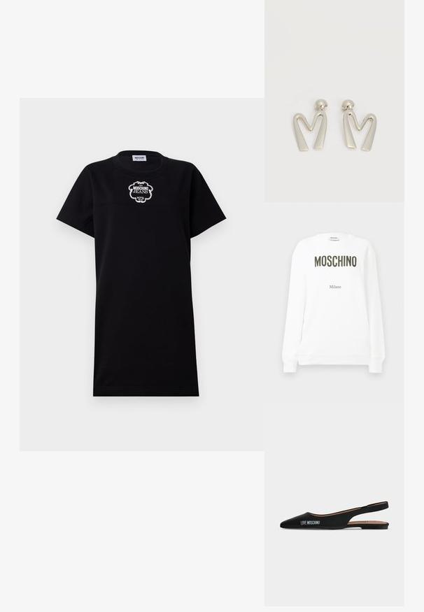 Witte sweatshirt met "MOSCHINO" in donkerolijfgroene letters en "Milano" in kleinere tekst eronder. Klassieke ronde hals en geribbelde boorden.; Zwart katoenen t-shirtjurk met korte mouwen. Voorzien van een witte geborduurde logo "Moschino Jeans Hotel" op de borst. Eenvoudig en recht gesneden ontwerp.; Zwarte puntige slingback platte schoen met lage hak en "LOVE MOSCHINO"-logo aan de zijkant tegen een effen lichte achtergrond.; Paar zilverkleurige metalen oorbellen in de vorm van een hoekige letter M met afgeronde stekers op een witte achtergrond.